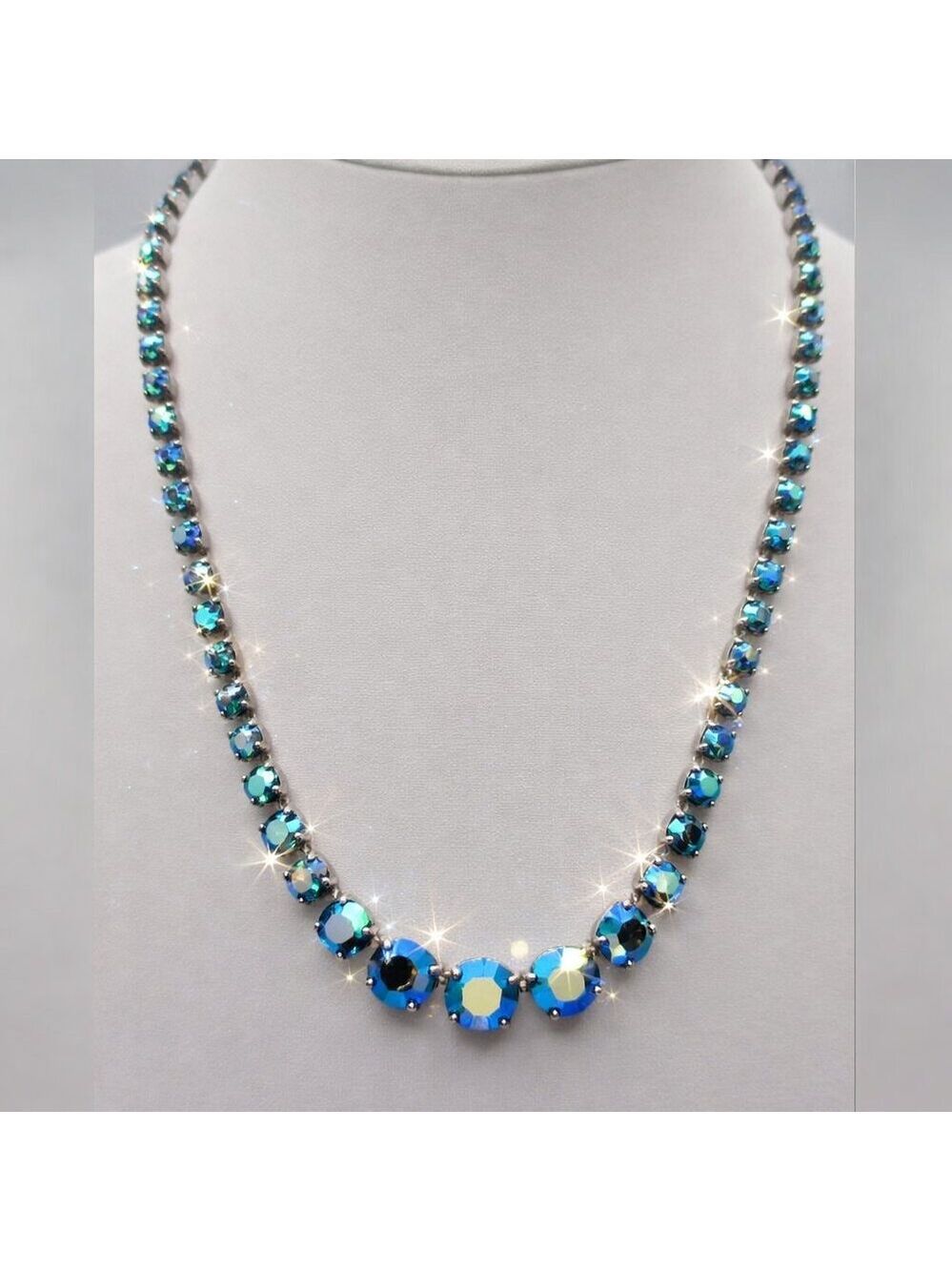 Aurora Borealis AB Iridescent Crystal Necklace Sparkly Blue Green 18''